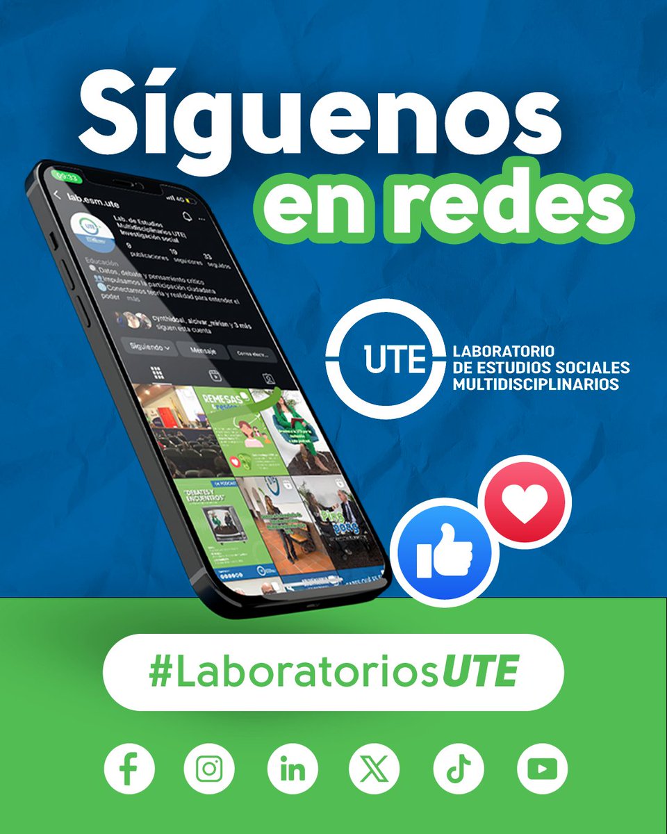 LabESM_UTE's tweet photo. 📢 ¡Síguenos y sé parte del pensamiento crítico en acción! En el Laboratorio de Estudios Sociales Multidisciplinarios de la @UTEoficial  analizamos, debatimos y proponemos soluciones desde las ciencias sociales.

#EstudiosSociales #Investigación #LabESM #UniversidadUTE https://t.co/yKJFQrQBeL