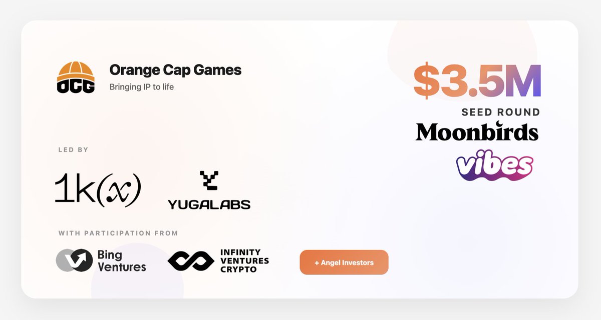 We are excited to share that @ocapgames has raised a $3.5m Seed round lead by <a href="/1kxnetwork/">1kx</a> &amp; <a href="/yugalabs/">Yuga Labs</a> 

This capital helps us bring IP to life while growing the <a href="/vibes_tcg/">Vibes (Pudgy TCG)</a> &amp; <a href="/moonbirds/">Moonbirds</a> products and ecosystems.