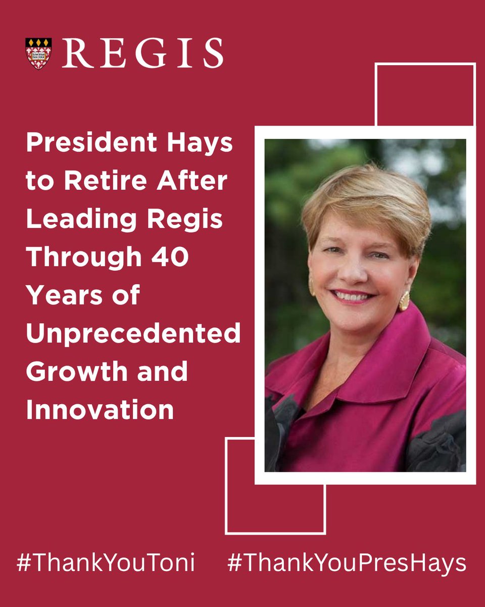 After 40 years of dedicated service to Regis, President Hays will retire on June 30, 2026. From part-time nursing faculty to transformative leader, she has shaped generations of students Learn more at hubs.ly/Q03rjRfp0