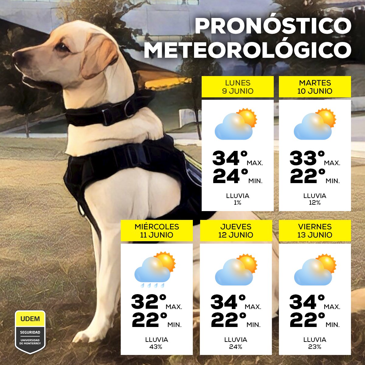 ¡Te compartimos el pronóstico de esta semana! bajará un poco el intenso calor.
#UDEM #pronósticodeltiempo