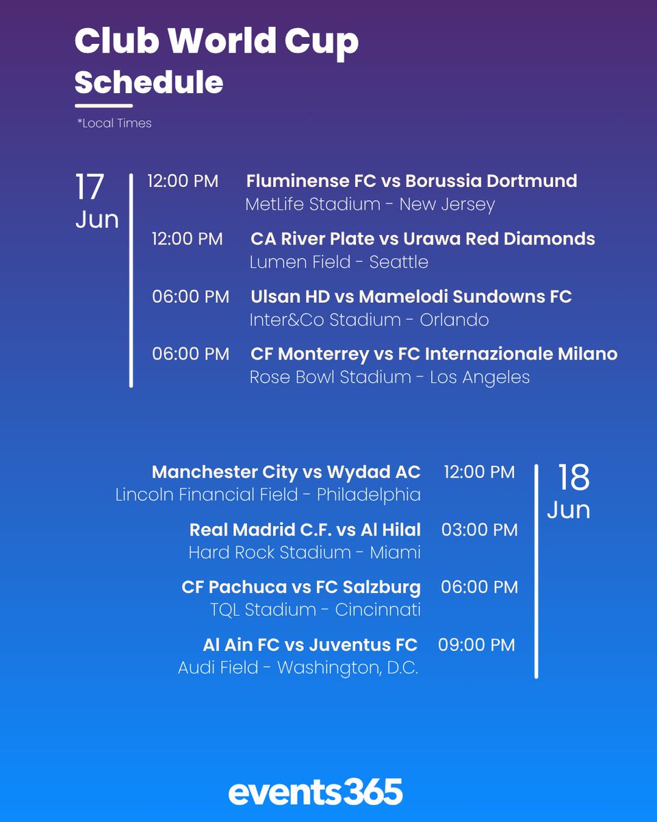 Events365_'s tweet photo. T-5 days until kick off! ⚽️

Here's your schedule for Week 1 of the Club World Cup! 

What match are you most excited for? https://t.co/SKQZGu5QuJ