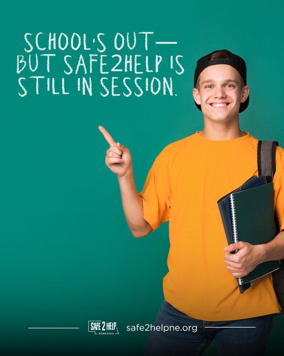 School’s out—but Safe2Help is still in session.

We know more home time isn’t good news for everyone. If you know someone who’s struggling with anxiety, unsafe conditions, or feeling alone—reach out.

📞 833-980-SAFE (7233)
📲 safe2helpne.org

#NationalSafetyMonth