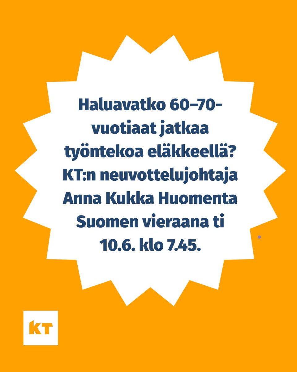 Kunta- ja hyvinvointialuetyönantajat KT (@kttyonantaja) on Twitter photo Neuvottelujohtajamme <a href="/KukkaAnna/">Anna Kukka</a> on <a href="/huomentasuomi/">Huomenta Suomi</a> vieraana tiistaina 10.6. klo 7.45. Keskustelun aiheena tuore selvityksemme, jossa kartoitimme 60–70-vuotiaiden suomalaisten näkemyksiä työnteon jatkamisesta eläkkeellä. #Eläke #Työura #Tutkimus #Kunnat #Hyvinvointialueet Neuvottelujohtajamme <a href="/KukkaAnna/">Anna Kukka</a> on <a href="/huomentasuomi/">Huomenta Suomi</a> vieraana tiistaina 10.6. klo 7.45. Keskustelun aiheena tuore selvityksemme, jossa kartoitimme 60–70-vuotiaiden suomalaisten näkemyksiä työnteon jatkamisesta eläkkeellä. #Eläke #Työura #Tutkimus #Kunnat #Hyvinvointialueet