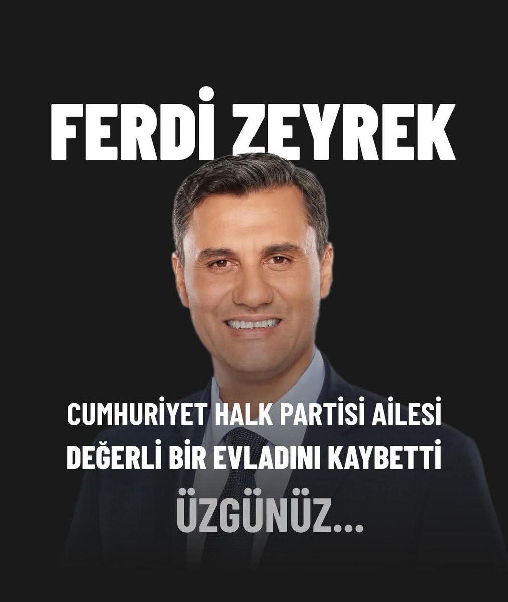 Cumhuriyet Halk Partisi ailesi, değerli bir evladını kaybetti.
Üzgünüz...

Dürüst, çalışkan, alçakgönüllü, güler yüzlü Belediye Başkanı...
Sevgi dolu bir baba, fedakâr bir eş.

Ailesine ve tüm sevenlerine sabırlar diliyorum.

Nurlar içinde uyusun.

#ferdizeyrek