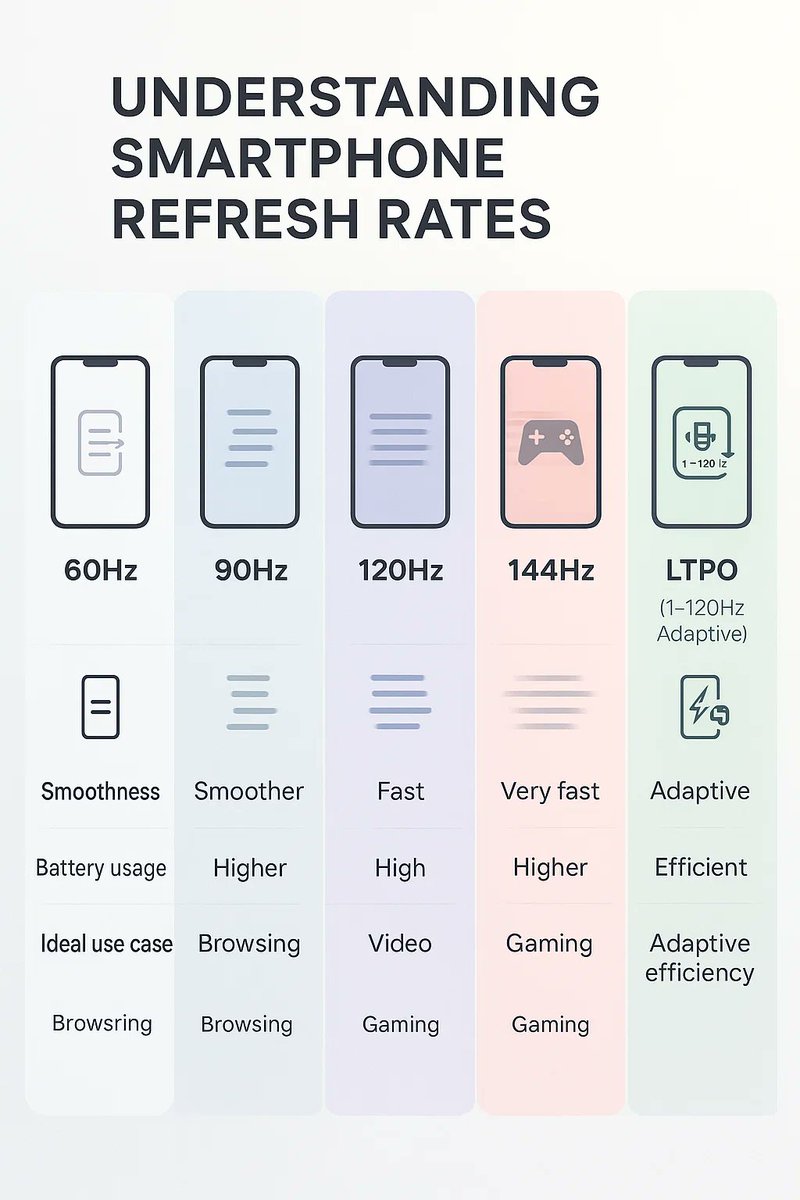 Atul07may's tweet image. 🌀 60Hz? 90Hz? 120Hz? LTPO?
You’ve seen these numbers on smartphone ads—but what do they really mean?
Let’s break down refresh rates in the simplest way possible 👇
🧵 #TechExplained #RefreshRate #SmartphoneBasics