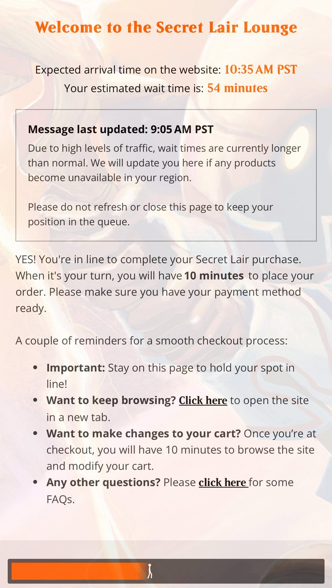 My time now says 11 am. I clicked into this queue within second at 9 am. Everything is selling out before my eyes I’m going TO CRASH TF OUT. And there’s no cap on things? Wizard you just gave product to all scalper bots. Thanks. 😐