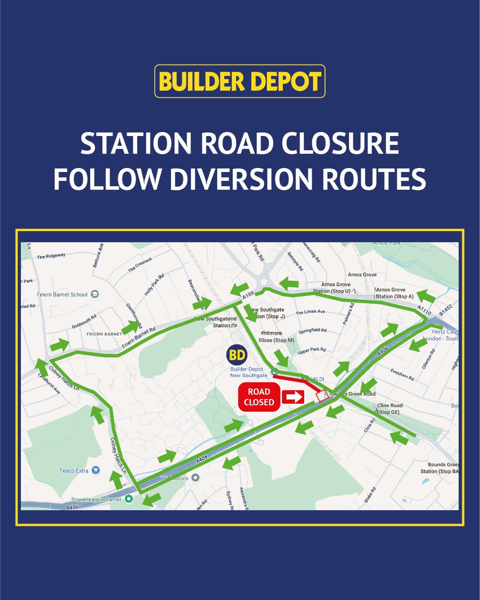 Updated Diversion Post

📣Please be advised that due to emergency water main repair works:

🚧 Station Road access to our store is closed from A406 North Circular until 13th June 2025.

Please follow diversions towards Friern Barnet rd 

#builderdepot