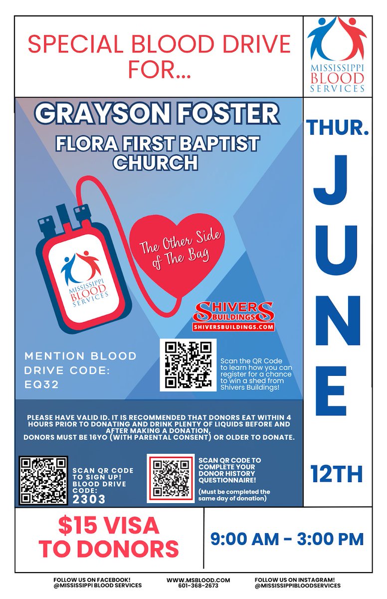 Join us for a Special Blood Drive Supporting Grayson Foster!

🗓 June 12
⏰ 9 AM – 3 PM
📍 First Baptist Church Flora

Sign up today at msblood.com/WebDonor/MakeM… (Use Code: 2303).

Every donation makes a difference. Let’s rally together for Grayson!