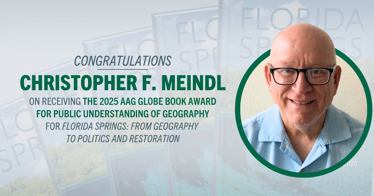 USF College of Arts and Sciences (@casatusf) on Twitter photo Congrats to Christopher Meindl from our #USF FL Studies Program! Heโs received the Globe Book Award for Public Understanding of Geography from <a href="/theAAG/">American Association of Geographers</a> for Florida Springs: From Geography to Politics and Restoration.
Well deserved! ๐ Congrats to Christopher Meindl from our #USF FL Studies Program! Heโs received the Globe Book Award for Public Understanding of Geography from <a href="/theAAG/">American Association of Geographers</a> for Florida Springs: From Geography to Politics and Restoration.
Well deserved! ๐