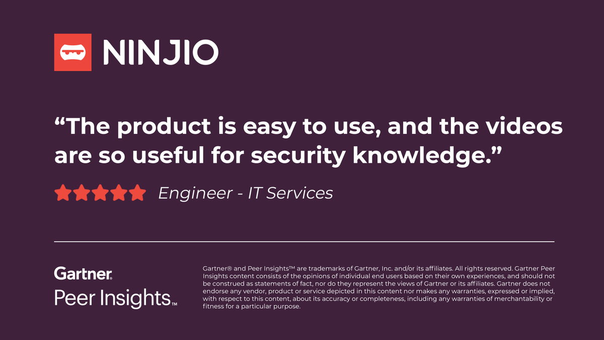 Engineer in the IT Services Industry gives <a href="/Im_Ninjio/">NINJIO</a> Cybersecurity Awareness Training 5/5 Rating in Gartner Peer Insights™ Security Awareness Computer-Based Training Market.

Read the full review here: hubs.la/Q03jMcCB0

#gartnerpeerinsights #cybersecurity