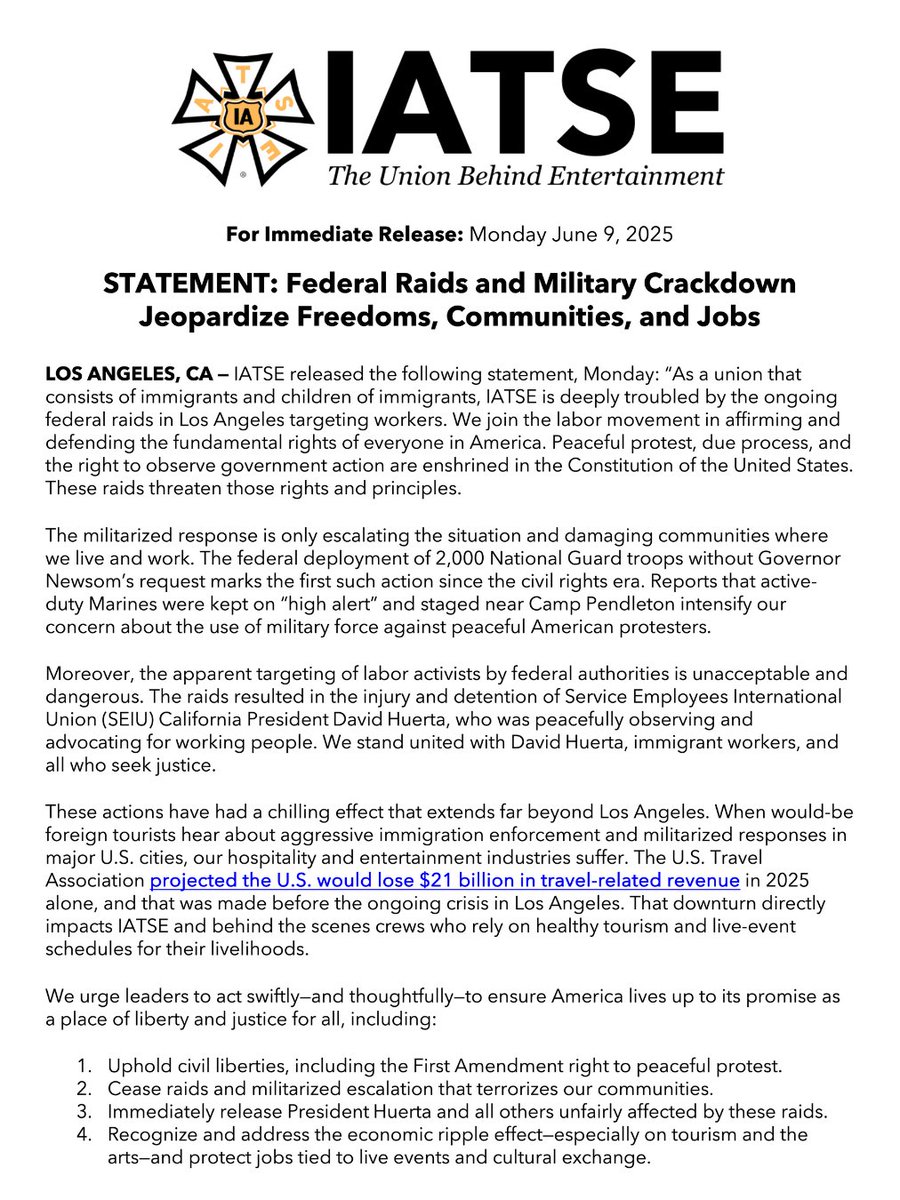 STATEMENT: Federal Raids and Military Crackdown Jeopardize Freedoms, Communities, and Jobs: