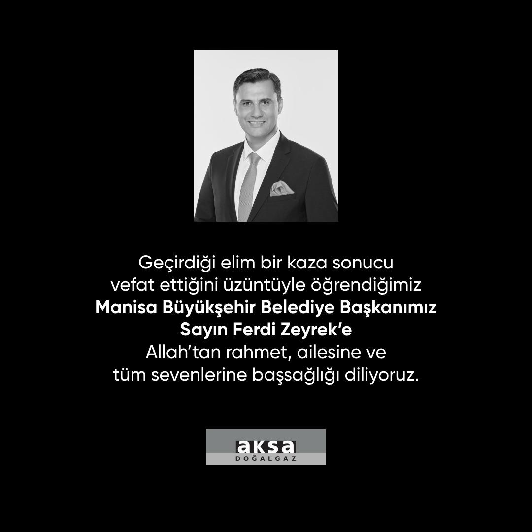 Geçirdiği elim bir kaza sonucu vefat ettiğini üzüntüyle öğrendiğimiz Manisa Büyükşehir Belediye Başkanımız Sayın Ferdi Zeyrek’e Allah’tan rahmet, ailesine ve tüm sevenlerine başsağlığı diliyoruz.