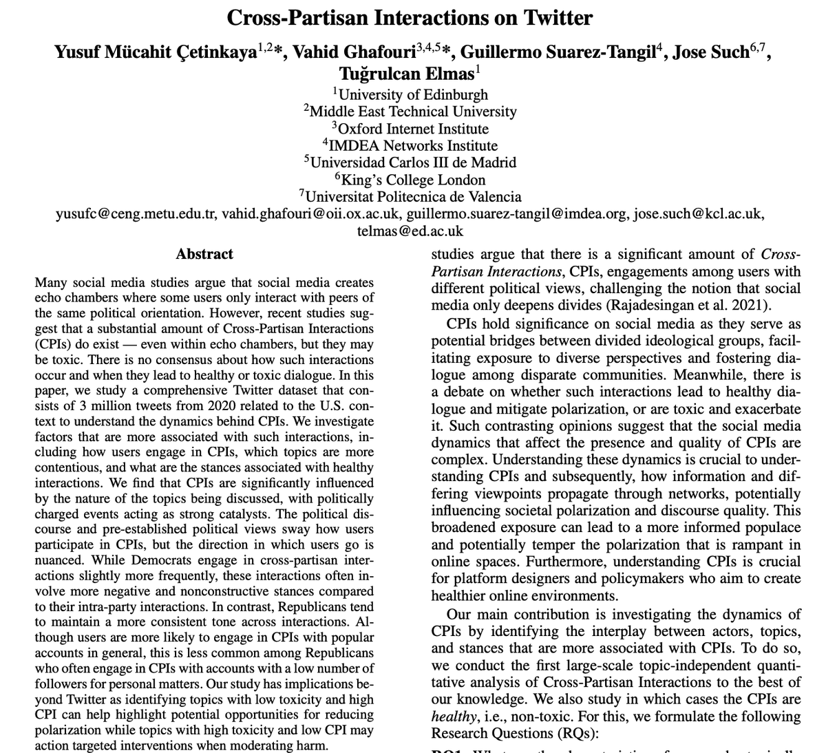 Is social media still a political echo chamber?

In our new ICWSM25 paper "Cross-Partisan Interactions on Twitter" we analyzed 3M replies from 2020 and find that 34% were directed to users from opposite political alignment. However these interactions are more likely to be toxic🧵