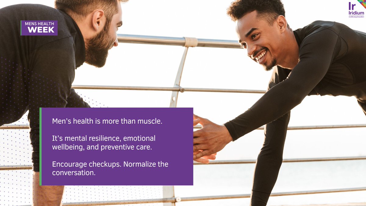 IridiumContEd's tweet image. HCPs: Men’s health goes beyond fitness.
This #MensHealthWeek, let’s address mental strength, emotional wellbeing, and prevention—especially in populations that delay care.
Take charge. Encourage the conversation.
#HCPs #MensHealth #PreventiveCare #IridiumCE