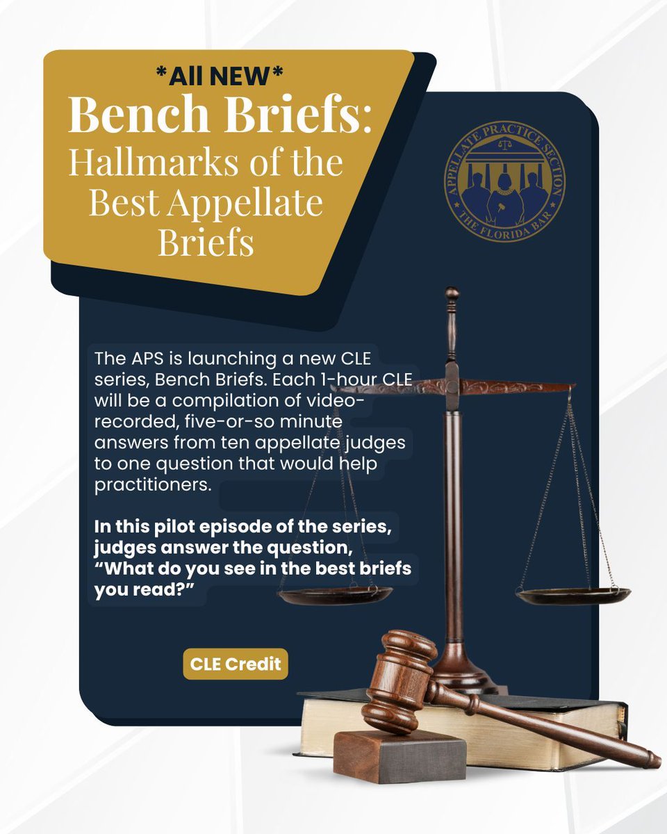 Available now on demand, Bench Briefs: Hallmarks of the Best Appellate Briefs 
The APS is launching a new CLE series, Bench Briefs. Each 1-hour CLE will be a compilation of video-recorded, five-or-so minute answers from ten appellate judges
tfb.inreachce.com/Details/Inform…