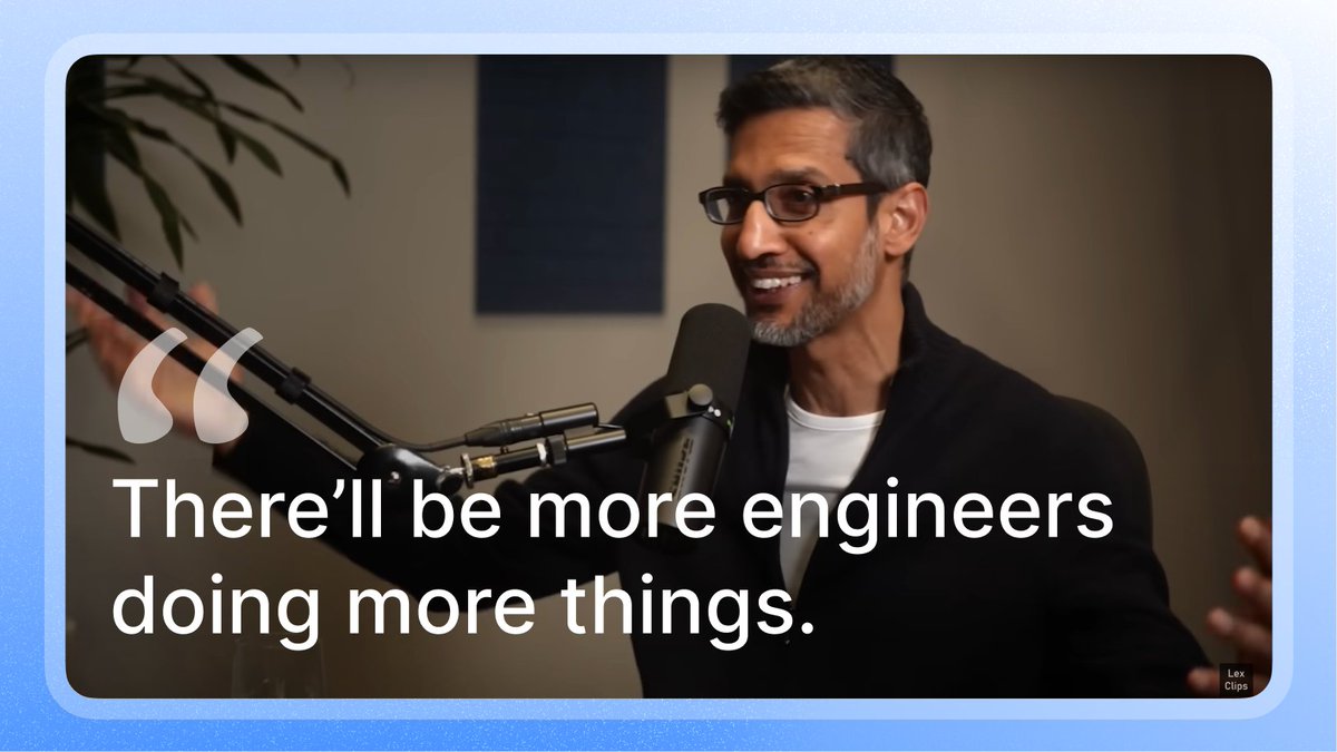 getprogai's tweet image. AI boosted engineering velocity by 10%, says @sundarpichai. But @Google is still planning to hire more engineers — because AI creates new opportunities.

It’s not replacing developers.
It’s changing how they work and growing the industry.

More in the @lexfridman podcast.