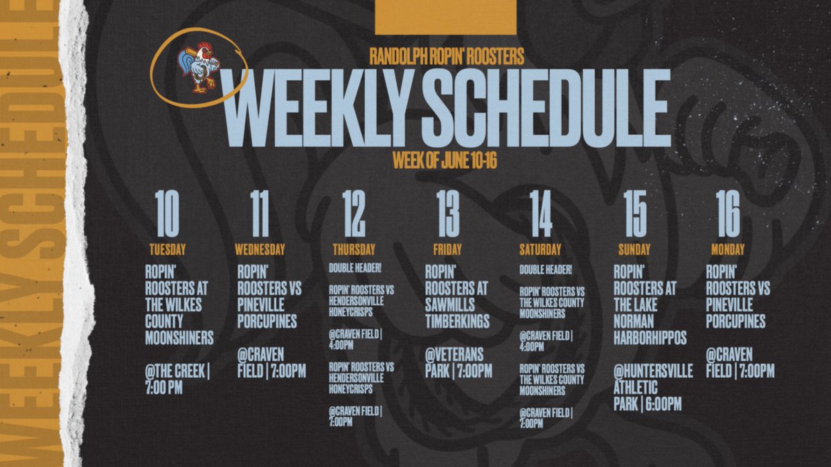 RopinRoosters's tweet photo. Take a look at your Randolph Ropin' Roosters schedule for this week! 🐔⚾️ Don’t miss the action at Craven Field as we battle it out all week long — mark your calendars and come out to support! 💪🔥 

#FowlBall #ThisIsONSL https://t.co/yxNwfQzoFd