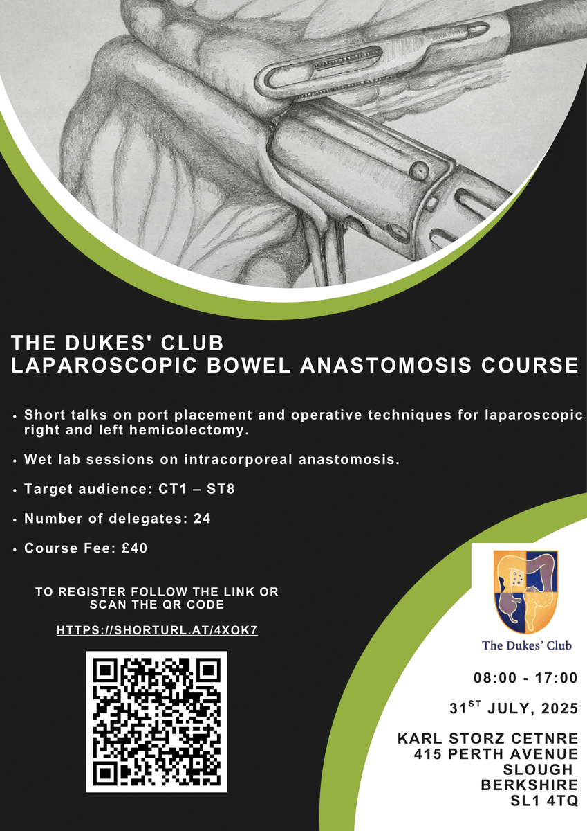 Nikhil Lal (@drnikhillal) on Twitter photo 🔔 Laparoscopic Bowel Anastomosis Course🔔
📌 Organised by: The Dukes’ Club (Oxford Region)
🗓 Thursday, 31/07/25
📍 Karl Storz Training & Technology Centre, Slough
🎯 CT1–ST8 Surgical Trainees
👥 24 places
SHORTURL.AT/4XOK7
<a href="/Dukes_Club/">The Dukes' Club</a> <a href="/ACPGBI_EduTrain/">ACPGBI-Education&Training</a> 🔔 Laparoscopic Bowel Anastomosis Course🔔
📌 Organised by: The Dukes’ Club (Oxford Region)
🗓 Thursday, 31/07/25
📍 Karl Storz Training & Technology Centre, Slough
🎯 CT1–ST8 Surgical Trainees
👥 24 places
SHORTURL.AT/4XOK7
<a href="/Dukes_Club/">The Dukes' Club</a> <a href="/ACPGBI_EduTrain/">ACPGBI-Education&Training</a>