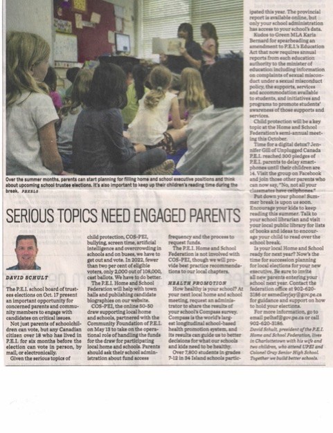Serious Topics Need Engaged Parents: School Trustee Elections Oct 17th; Compass survey results; Child protection key topic Semi-Annual Oct. 7th; Put down your phone! Encourage kids to read this summer; Hold Home &amp; School elections to prepare for Sept.
peihsf.ca/serious-topics…