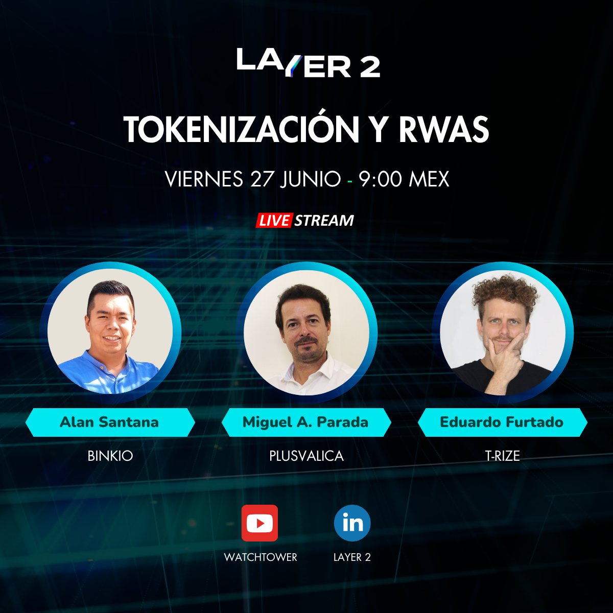 Nos vemos este viernes 27 de junio para este webinar sobre #Tokenizacion y #RWA, a cargo de: -
- <a href="/Maparadam/">Miguel Angel "Pato" Parada</a>, de #Plusvalica, 
- <a href="/EduardoFuture/">Eduardo From The Future</a>, de <a href="/trize_io/">T-RIZE</a>, y  
- <a href="/AlanSantanadb/">Alan Santana</a>, de <a href="/binkio_mx/">itsBinkio</a> 

Youtube: youtube.com/watch?v=a3pRZx… 

Linkedin: linkedin.com/events/7336891…