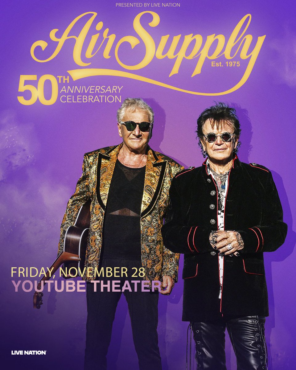 JUST ANNOUNCED: Air Supply brings their 50th Anniversary Celebration to #YouTubeTheater on Friday, November 28 🎸💜 Tickets on sale Friday, June 13 at 10am!

Sign up to become a YouTube Theater Insider to gain access to the venue pre-sale: youtubetheater.com/contact-us/sig…