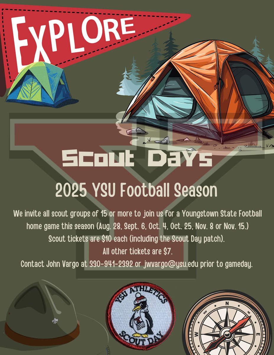 John Vargo (@jvargoysu) on Twitter photo Bring your troops to <a href="/ysufootball/">Youngstown State Football</a> home games this year.
Contact John Vargo at 330-941-2392 or jwvargo@ysu.edu to find out more and about other options for your scouts.
Share this with all of your troops.
#GoGuins
@gtcbsa
@gsneo
@buckeyecouncil Bring your troops to <a href="/ysufootball/">Youngstown State Football</a> home games this year.
Contact John Vargo at 330-941-2392 or jwvargo@ysu.edu to find out more and about other options for your scouts.
Share this with all of your troops.
#GoGuins
@gtcbsa
@gsneo
@buckeyecouncil