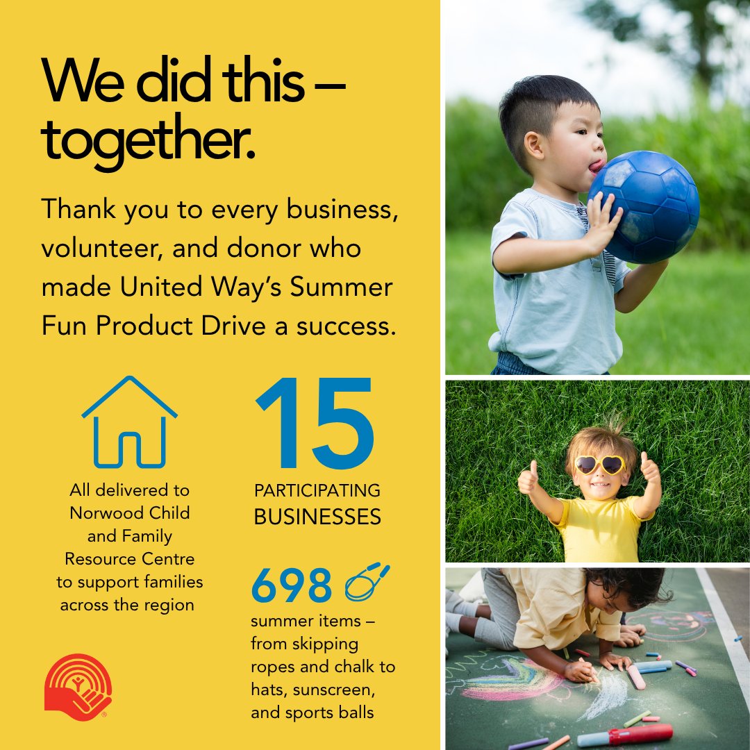 United Way of the Alberta Capital Region (@myunitedway) on Twitter photo Huge thanks to every business, volunteer, and donor who made United Way’s Summer Fun Product Drive a success!
📦 15 participating businesses
🎁 698 items donated
🏡 Delivered to <a href="/NorwoodCentre/">Norwood Child and Family Resource Centre</a> for local kids who need it most
You brought joy, play & community to life 💛 Huge thanks to every business, volunteer, and donor who made United Way’s Summer Fun Product Drive a success!
📦 15 participating businesses
🎁 698 items donated
🏡 Delivered to <a href="/NorwoodCentre/">Norwood Child and Family Resource Centre</a> for local kids who need it most
You brought joy, play & community to life 💛