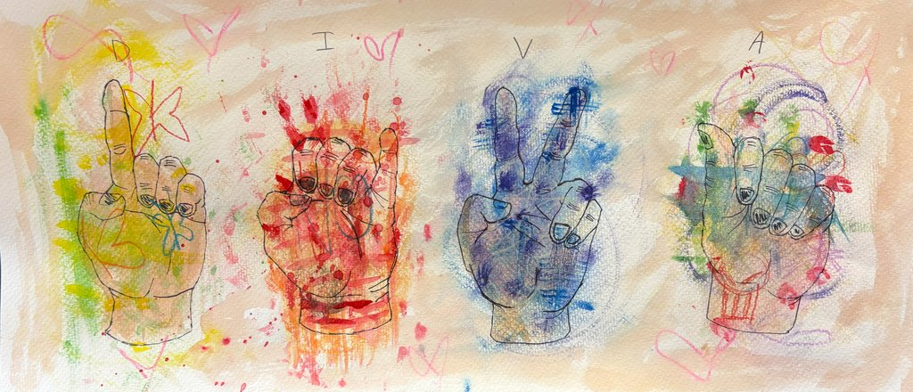 Freshman created hand drawings in line and watercolor, spelling out an inspirational word using signs