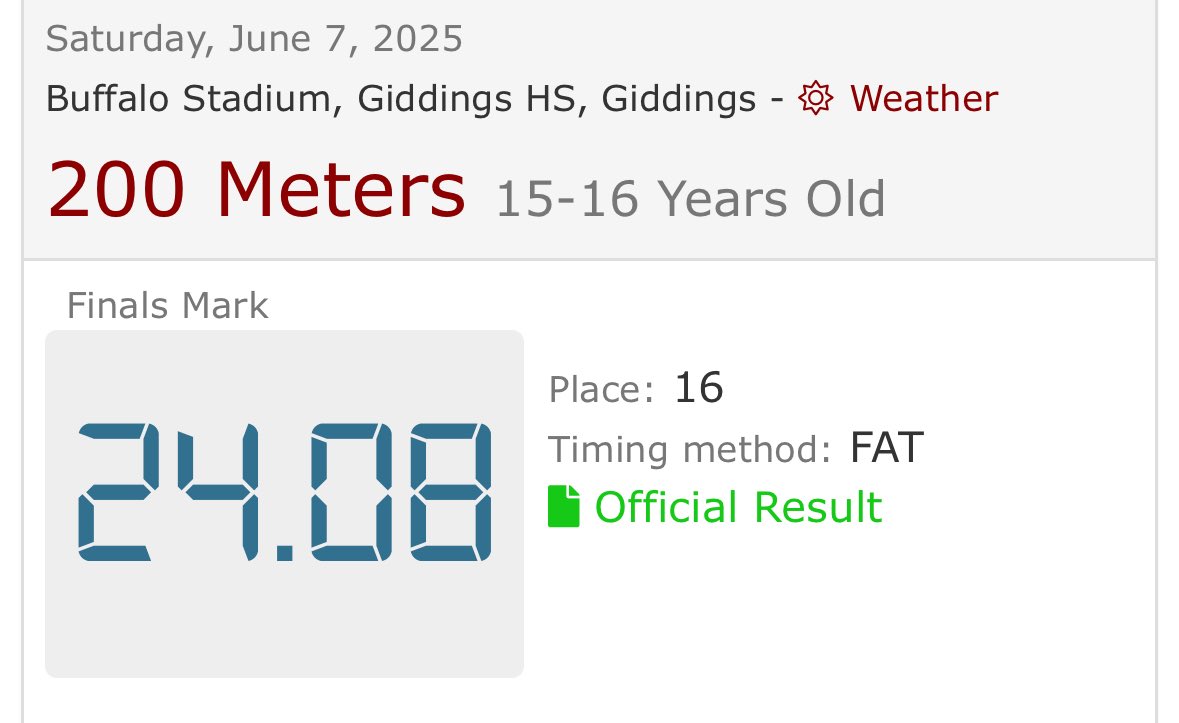 Had a crazy meet this weekend at the AAU Primary Championship &amp; LC Express Invitational (6-7-25)
 BIG PRS 
100: 11.74
200: 24.08
&amp;  a 🥉in the 4x4