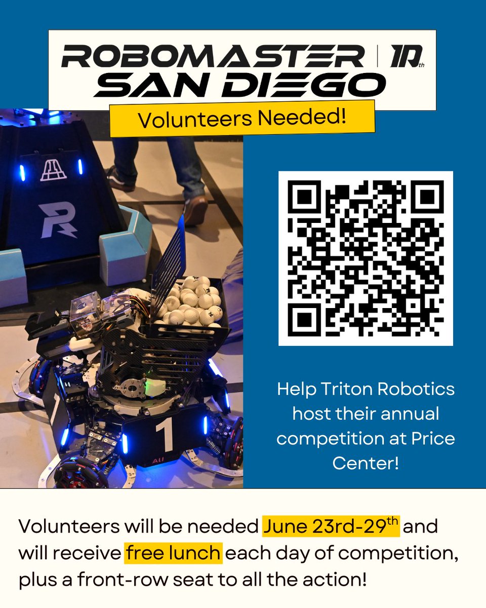 UCSD Mechanical and Aerospace Engineering (@ucsd_mae) on Twitter photo 🤖Triton Robotics is hosting their annual competition & needs volunteers! Whether you're into logistics or just want to help, there’s a role for you: robot inspection, competition flow, field reset, pit management, & more
✨No robotics experience needed!
<a href="/UCSanDiego/">UC San Diego</a>
<a href="/UCSDJacobs/">UCSD Engineering</a> 🤖Triton Robotics is hosting their annual competition & needs volunteers! Whether you're into logistics or just want to help, there’s a role for you: robot inspection, competition flow, field reset, pit management, & more
✨No robotics experience needed!
<a href="/UCSanDiego/">UC San Diego</a>
<a href="/UCSDJacobs/">UCSD Engineering</a>