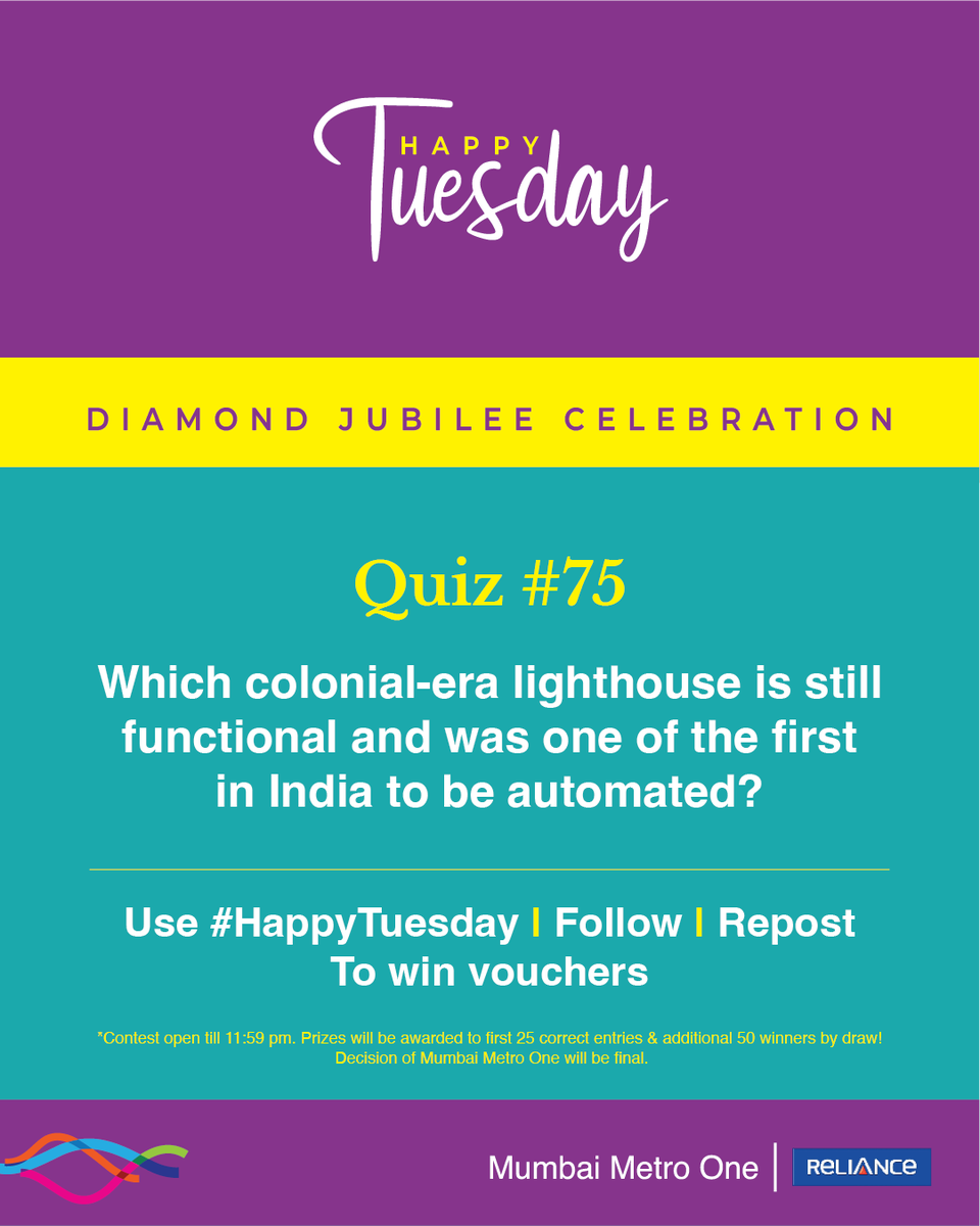 #HappyTuesday Diamond Jubilee quiz is here! 

The 75th edition is about a lighthouse designated as Grade-I heritage structure by MCGM and been guiding ships in the Arabian sea since 18th century.

Prizes will be awarded to 75 winners, the first 25 correct entries, and an