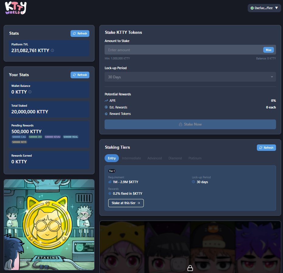 Stoked to stake 20M $KTTY on @kttyworld 's multi-token reward platform!  Locked in for 6 months to earn 500K each of $KTTY, $CAG, $ZEE, $KEVAI, $REAL, &amp; $REYE. Big gains, big vibes! 

If you want to try our staking with multi token reward here is the link :