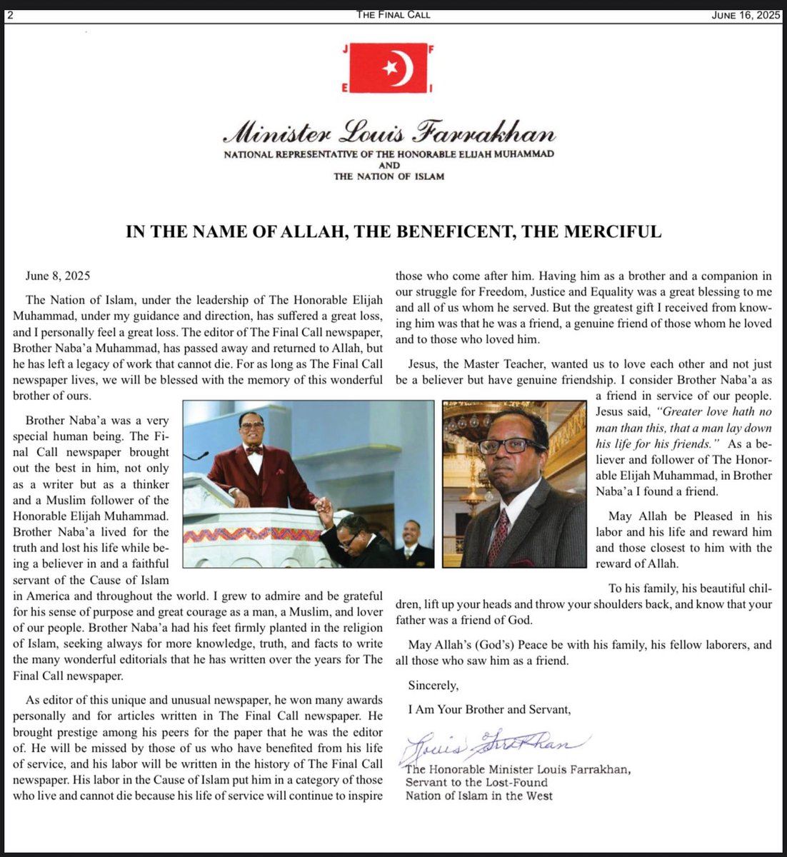 The Nation of Islam (@officialnoi) on Twitter photo The Official Statement from The Honorable Minister <a href="/LouisFarrakhan/">THE HONORABLE MINISTER LOUIS FARRAKHAN</a> on the passing of Final Call Editor-in-Chief, Brother Naba'a Muhammad. The Official Statement from The Honorable Minister <a href="/LouisFarrakhan/">THE HONORABLE MINISTER LOUIS FARRAKHAN</a> on the passing of Final Call Editor-in-Chief, Brother Naba'a Muhammad.