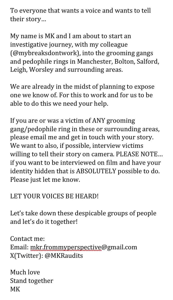MKRaudits's tweet image. PLEASE READ
PLEASE SHARE
PLEASE CONTACT ME:
Email: mkr.frommyperspective@gmail.com
DM me here

WE STAND TOGETHER
@mybrakedontwork @billymooreAPBD @ThePosieParker @Andypublicuk @MartiBlagi @TRobinsonNewEra @liamtuffs1 @NewsNowYorks @KTHopkins