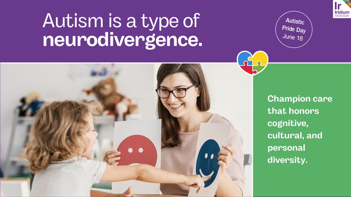 IridiumContEd's tweet image. June 18 is #AutisticPrideDay.
Autism is a form of neurodivergence—not something to “fix,” but something to understand.
HCPs: Inclusive care begins with listening, respect, and adapting to neurodiverse needs.
#Neurodiversity #AutismAcceptance #HealthcareProviders #IridiumCE