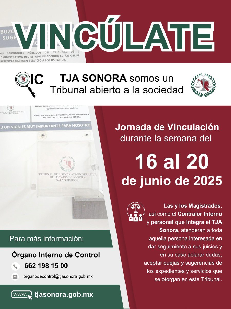 ¡La justicia se construye contigo!
Durante la Jornada de Vinculación del #TJASonora, acércate a nuestros espacios de atención.
📅 Del 16 al 20 de junio, te estaremos esperando: las y los magistrados del Tribunal, así como el Órgano Interno de Control, estaremos recibiéndolos.
