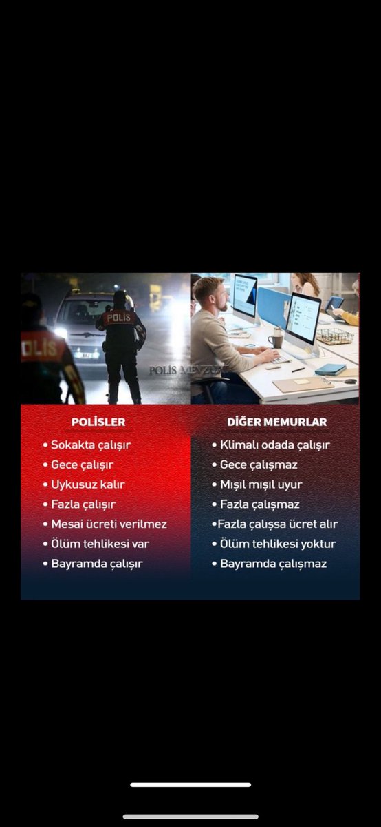 Nasıl ki öğretmenlerin ek ders ve ünvan ücreti var ise,

Sağlık çalışanlarının döner sermayesi,ek ödemeleri ve gece nöbet ücreti var ise,

Diyanet çalışanlarının bayramlarda fazla mesai ücreti var ise,

Zabıtalar'ın sosyal denge tazminatı var ise,

#EmniyeteFazlaMesaiÜcreti