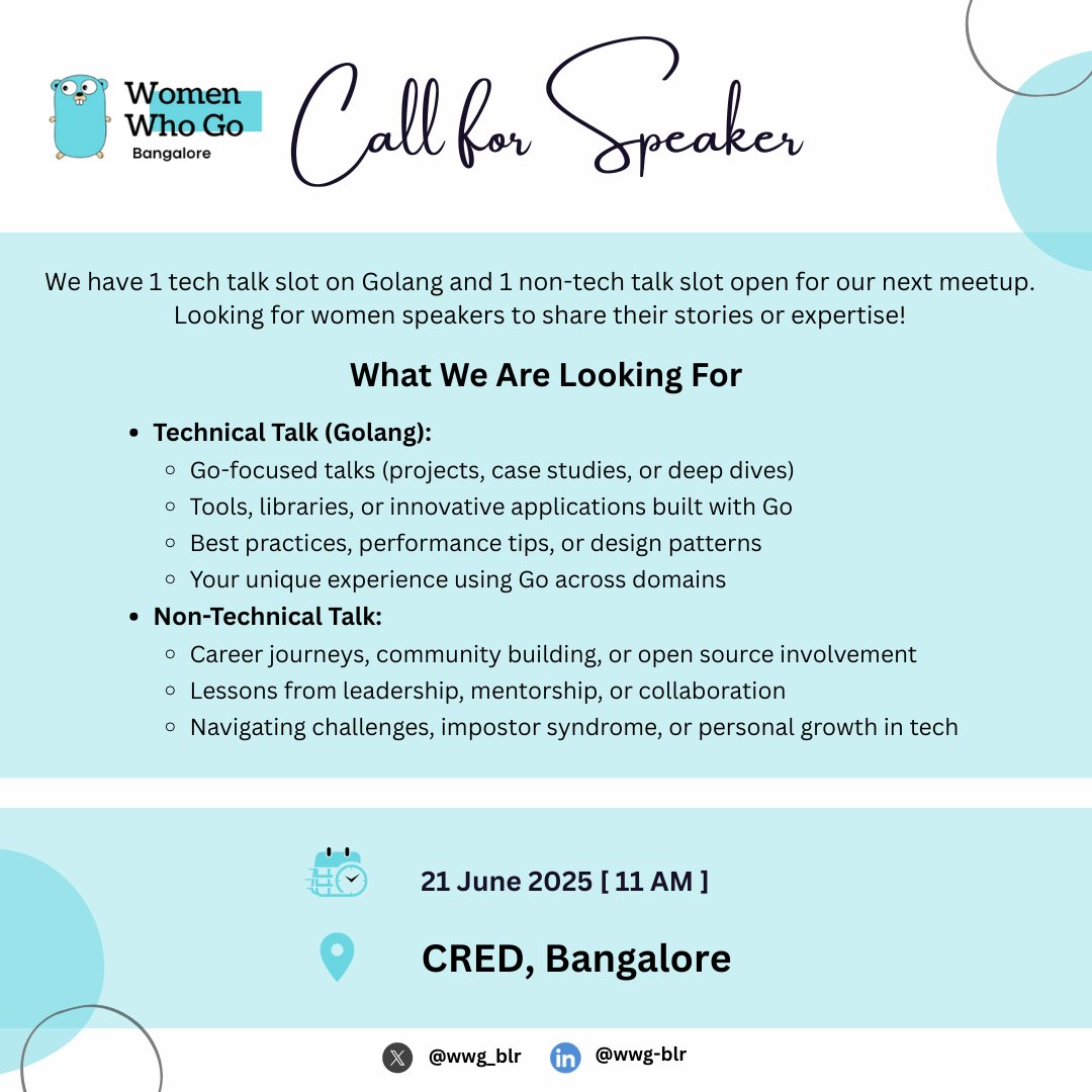wwg_blr's tweet image. We are excited to announce our next meetup happening on 21 June 2025 (Saturday) at @CRED_club Bangalore!
We have:
🎤 1 slot for a Golang tech talk
💬 1 slot for a non-technical talk
We’re looking for women speakers to share knowledge, experiences, or stories with the community.