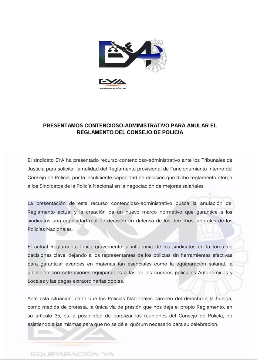 EYAPolicia's tweet image. El sindicato EYA  presenta Contencioso-Administrativo para anular el Reglamento del #ConsejoDePolicia 

Continuará sin asistir al Consejo si no tratan la #EquiparaciónYa con la determinación de paralizar las reuniones del Consejo de Policía y agotar todas las vías legales hasta…
