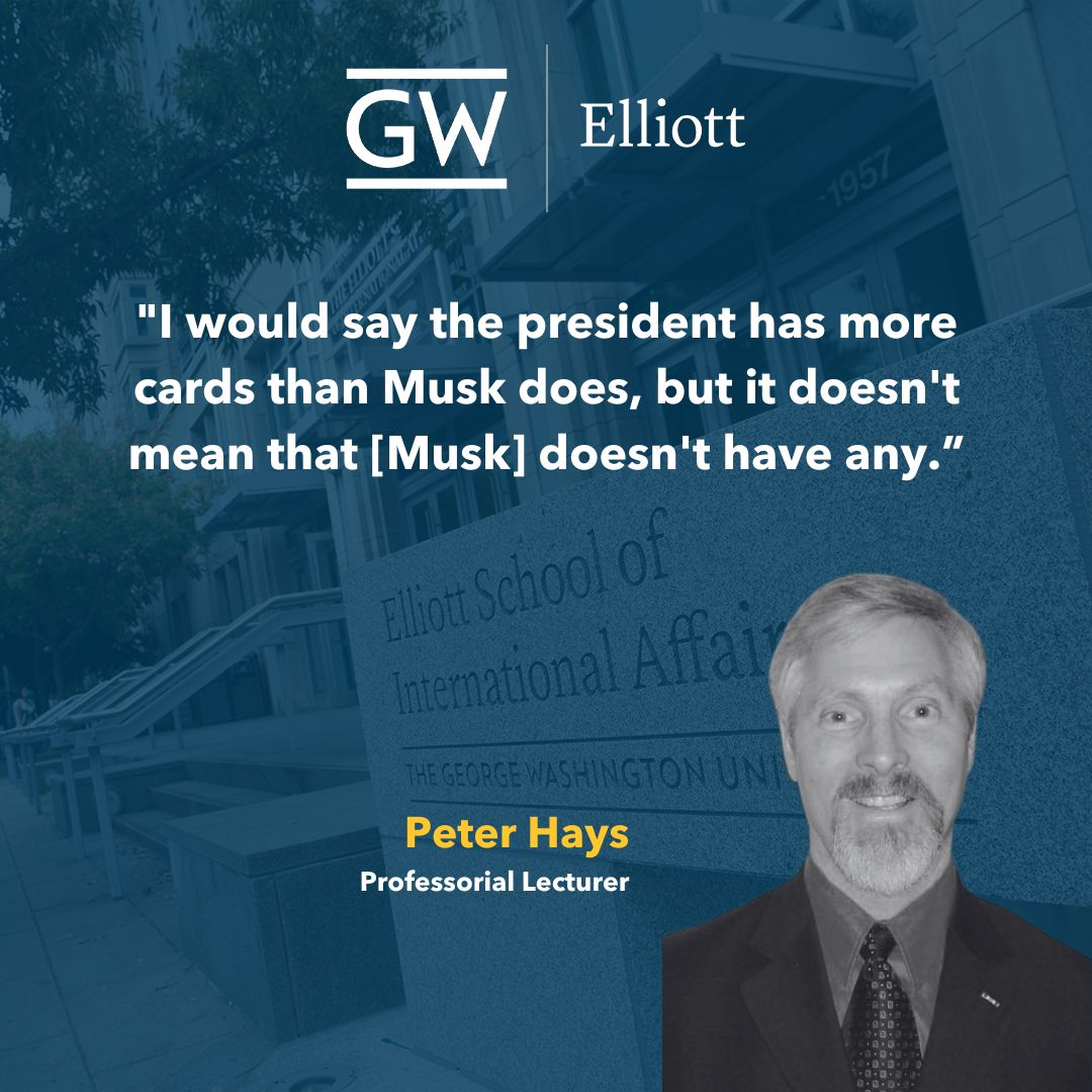 The Elliott School (@elliottschoolgw) on Twitter photo Canada’s CBC News quoted Peter Hays, professorial lecturer in the Elliott School of International Affairs, in the article “He can't quit him — easily. Why SpaceX could complicate the Trump-Musk split,’’ by Mark Gollom.
Read more. ⬇️ 
cbc.ca/news/world/tru… Canada’s CBC News quoted Peter Hays, professorial lecturer in the Elliott School of International Affairs, in the article “He can't quit him — easily. Why SpaceX could complicate the Trump-Musk split,’’ by Mark Gollom.
Read more. ⬇️ 
cbc.ca/news/world/tru…