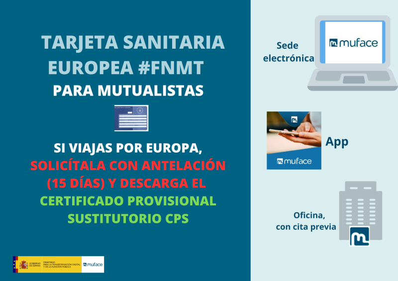 MUFACE:
DESPLAZAMIENTOS TEMPORALES:
- Europa:  Obtén la Tarjeta Sanitaria Europea o el Cert PS y
- OTRO Territorio  conoce las  pautas de cobertura de gasto y  limitaciones
🔴No es equiparable a un seguro de viaje,  no cubre  repatriación, ni evacuación, ni  transporte sanitario.