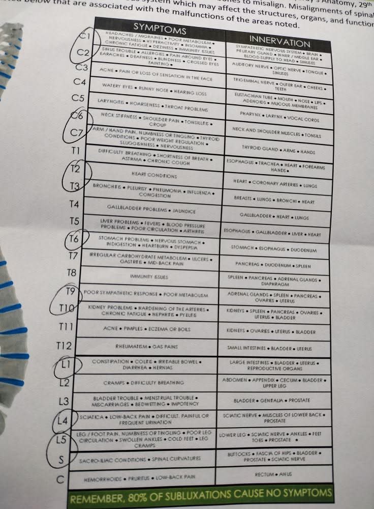 Let’s play a game called “Spot the most ridiculous claim on a sheet of paper”

My favorite is a subluxed T11 causing acne. 

Poor middle school kids. All that slouching must be wrecking their thoracic spines…

“Remember the 80% of subluxations cause no symptoms” 

🤡🤡🤡