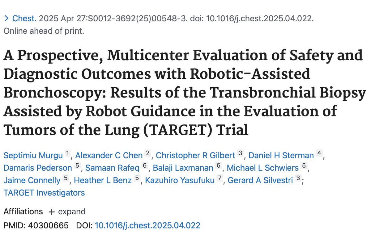 NYULangonePCCSM (@nyulangonepccsm) on Twitter photo 🚨New publication alert!🚨 
Our IP faculty are authors on the largest multicenter prospective study of robotic-assisted bronchoscopy to date — the TARGET trial —  in <a href="/accpchest/">CHEST</a>.
🔗 bit.ly/3ZHCs7Z
#Bronchoscopy #LungCancer #MedEd #PCCM 🚨New publication alert!🚨 
Our IP faculty are authors on the largest multicenter prospective study of robotic-assisted bronchoscopy to date — the TARGET trial —  in <a href="/accpchest/">CHEST</a>.
🔗 bit.ly/3ZHCs7Z
#Bronchoscopy #LungCancer #MedEd #PCCM