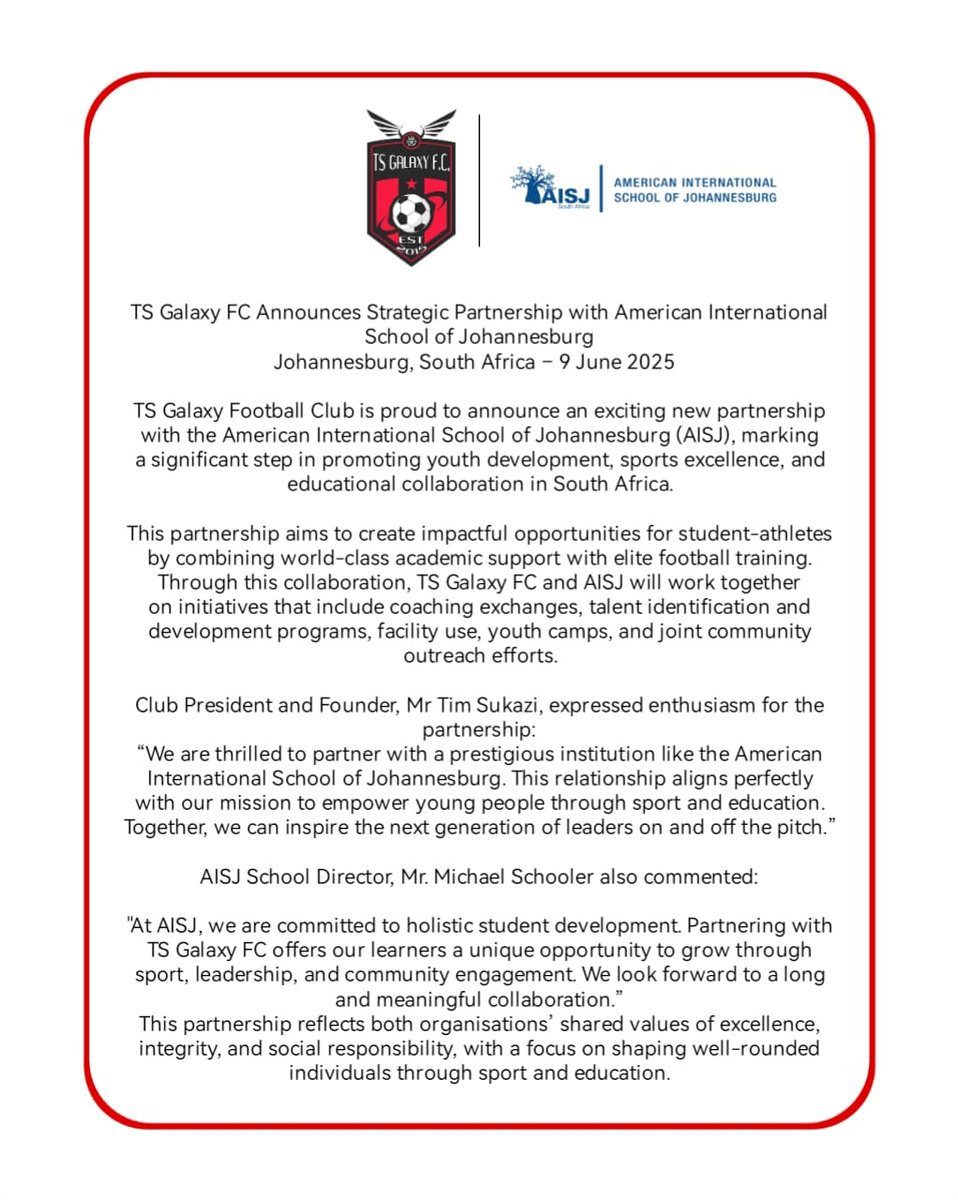 TSGALAXYFC's tweet image. A Game-Changing Alliance: TS Galaxy FC and AISJ Partner to Shape the Next Generation On and Off the Field.๐
#Siyadumuza
#TheRockets
#TSG