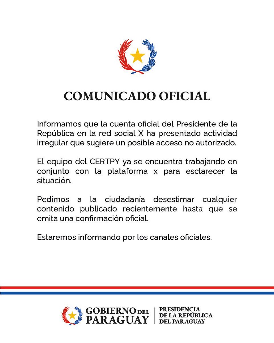 PresidenciaPy's tweet image. Información falsa. Comunicado oficial de la presidencia de la República del Paraguay.