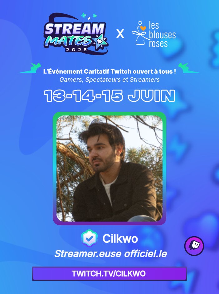 Cilkwo's tweet photo. J’ai l’honneur de participer à #StreamMates, un event caritatif dans l’esprit du #ZEVENT 🎮

🗓️ Du 13 juin à 17h au 15 juin sur ma chaîne Twitch
❤️ Objectif : récolter des dons pour l’asso Les Blouses Blanches 👩‍⚕️
🙏 Merci à Logan pour l’invit en présentiel🙌
On compte sur vous💪 https://t.co/hwmFgGLSJi