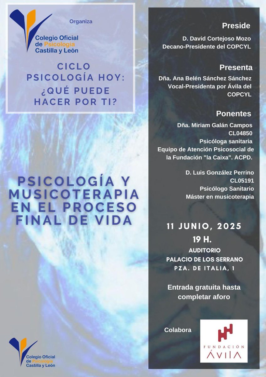 Miriam Galán (@mir_galan) on Twitter photo Dando visibilidad a la labor del psicólogo y musicoterapeuta en cuidados paliativos. Os animamos a asistir. 11 de junio en Ávila <a href="/acpdcyl/">ACPD Castilla y León</a> <a href="/NoroesteEaps/">Comisión Noroeste</a> <a href="/copcyl/">COPCYL</a> #FundaciónlaCaixa #FinaldeVida #EnfermedadesAvanzadas #CuidadosPaliativos #ACPDCyL #COPCYL Dando visibilidad a la labor del psicólogo y musicoterapeuta en cuidados paliativos. Os animamos a asistir. 11 de junio en Ávila <a href="/acpdcyl/">ACPD Castilla y León</a> <a href="/NoroesteEaps/">Comisión Noroeste</a> <a href="/copcyl/">COPCYL</a> #FundaciónlaCaixa #FinaldeVida #EnfermedadesAvanzadas #CuidadosPaliativos #ACPDCyL #COPCYL
