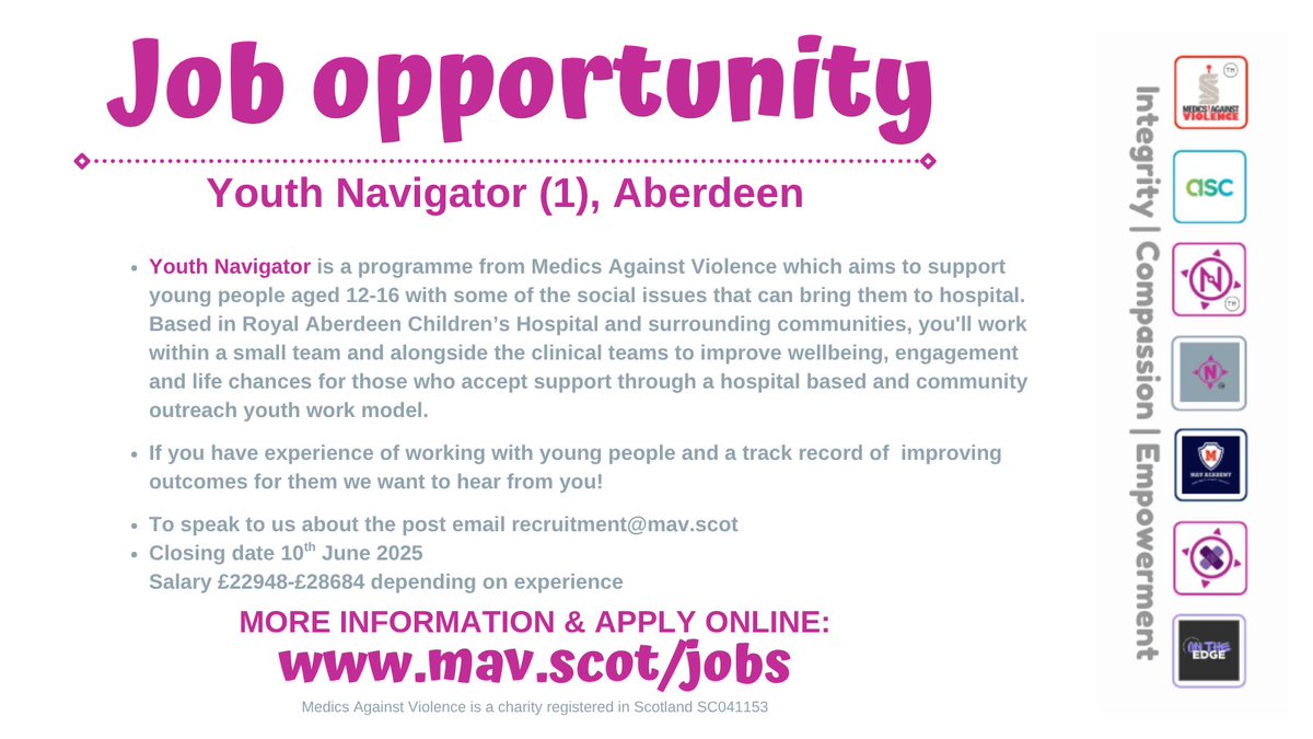Medics Against Violence (@mavscotland) on Twitter photo We have two amazing job opportunities <a href="/MAVscotland/">Medics Against Violence</a> to join our award winning by Navigator and Youth Navigator programmes in Edinburgh and Aberdeen. Take a look , share 👇🏻 We have two amazing job opportunities <a href="/MAVscotland/">Medics Against Violence</a> to join our award winning by Navigator and Youth Navigator programmes in Edinburgh and Aberdeen. Take a look , share 👇🏻
