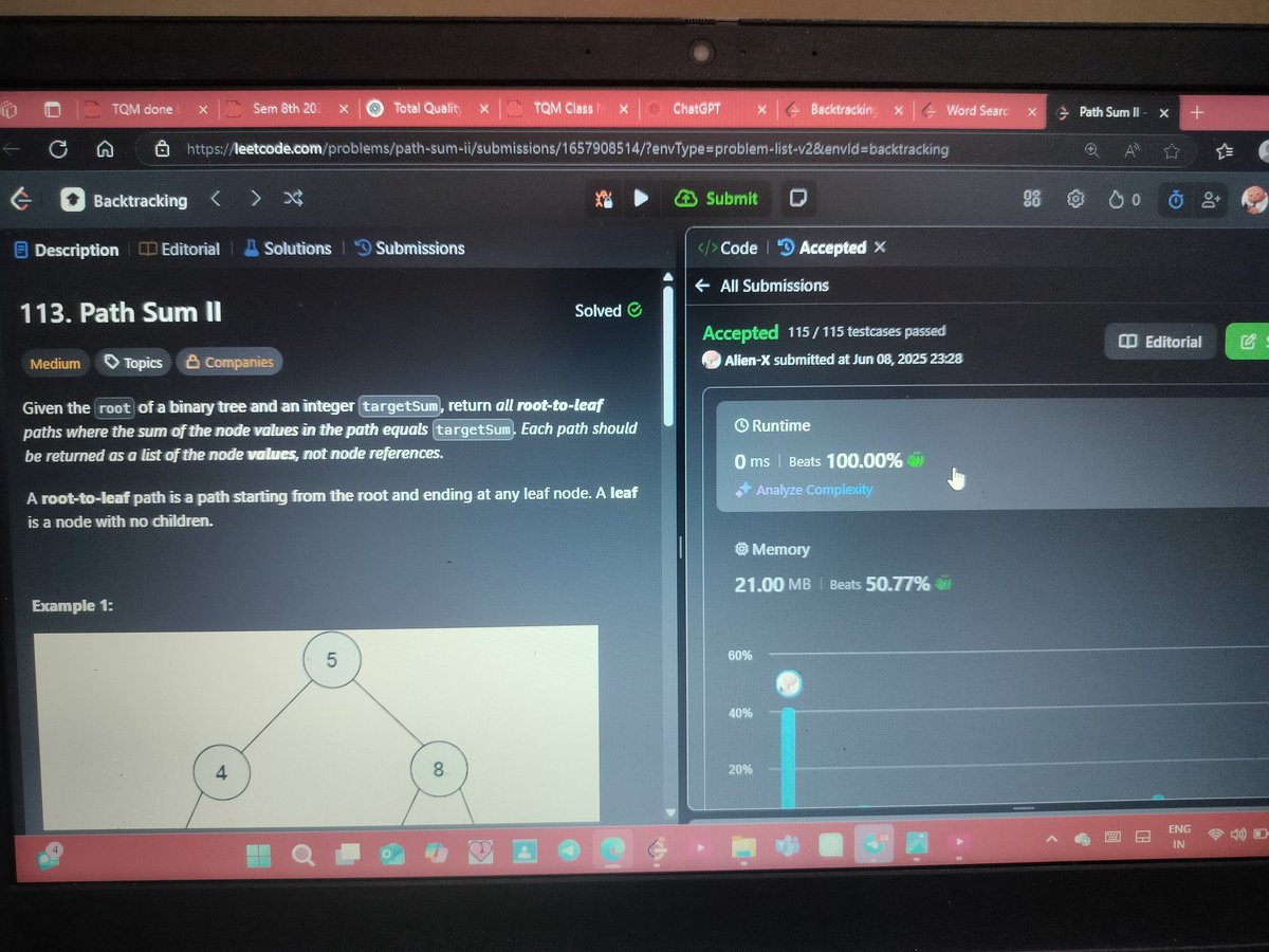 M56957992Pritam's tweet image. #Day_7 of #100_days_of_code 
08 / 06 / 2025, Sunday

113.  Path Sum ll
79. Word Search