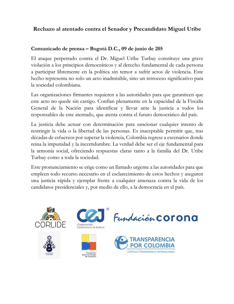 Fundación Corona (@fundcorona) on Twitter photo Desde <a href="/fundcorona/">Fundación Corona</a> nos unimos con algunas organizaciones al rechazo del atentado contra el Senador <a href="/MiguelUribeT/">Miguel Uribe</a> y expresamos solidaridad con su familia. Pedimos celeridad en las investigaciones y moderación en el lenguaje para dejar atrás los discursos de odio. Desde <a href="/fundcorona/">Fundación Corona</a> nos unimos con algunas organizaciones al rechazo del atentado contra el Senador <a href="/MiguelUribeT/">Miguel Uribe</a> y expresamos solidaridad con su familia. Pedimos celeridad en las investigaciones y moderación en el lenguaje para dejar atrás los discursos de odio.